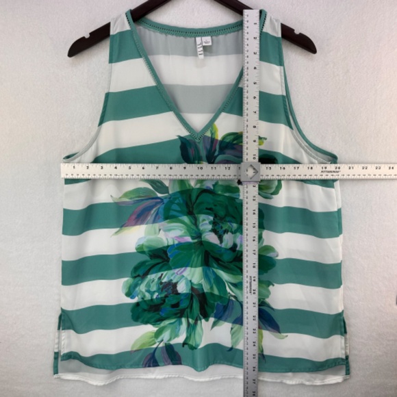 ELLE Tank Top Sz L Green White Stripes Front Floral Print Ladder Stitch neckline - Picture 3 of 6